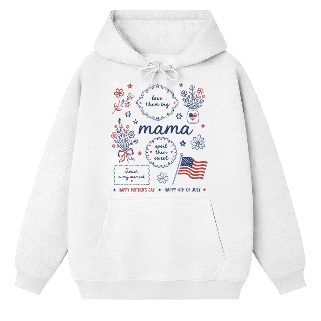 Mama Floral Graphic Hoodie – Mother’s Day & 4th of July Gift for Mom, Patriotic Flower Line Art Design - Hoodie - front view