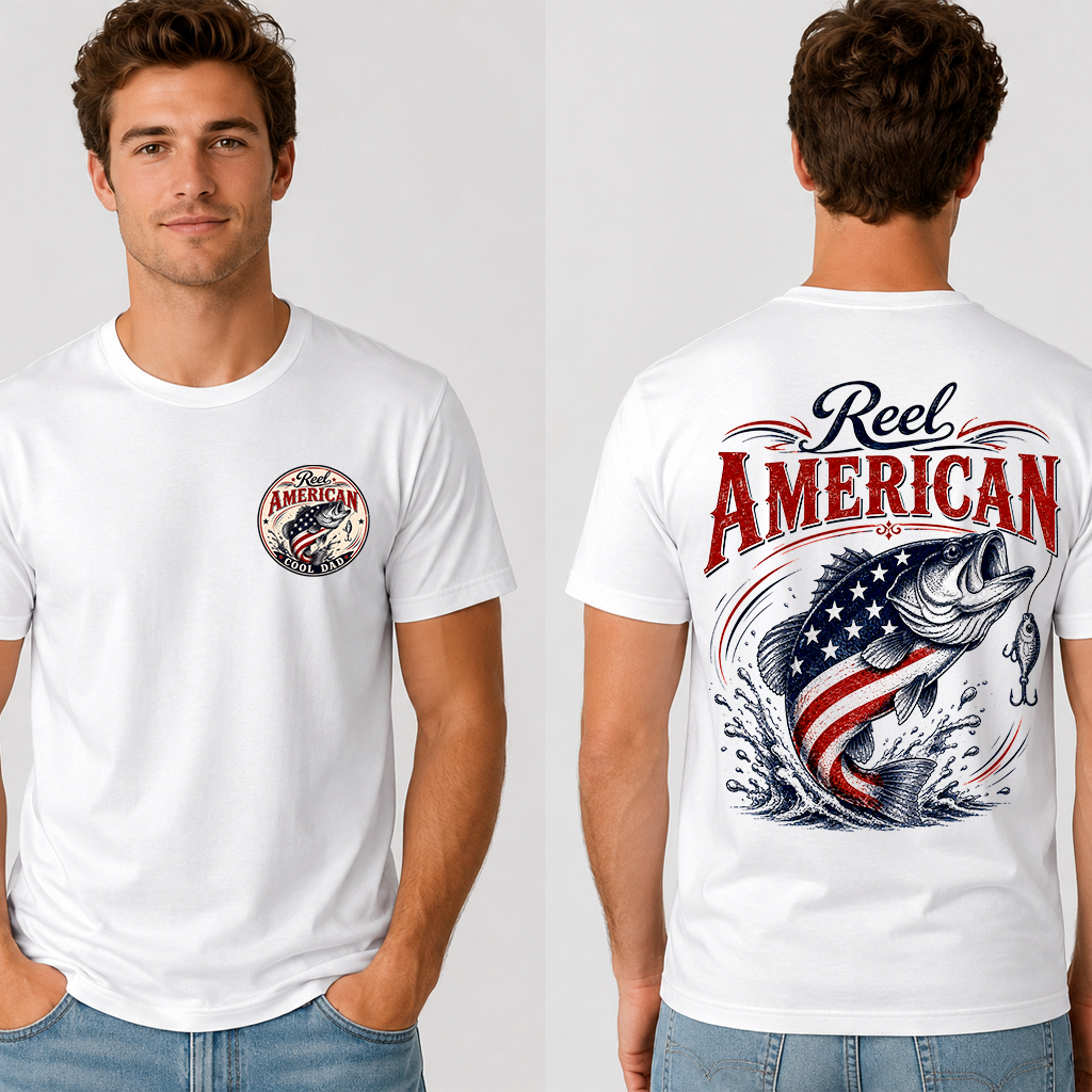 Reel America Cool Dad Fishing T-Shirt 2 sided - 4th of July Fishing Gift for Him - detail view