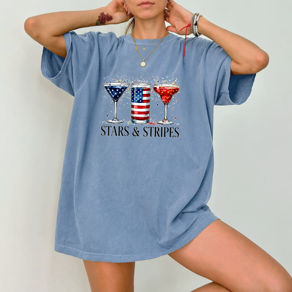Comfort Colors Retro Stars & Stripes Cocktails Patriotic USA Flag Drinking Shirt - Funny Independence Day Gift for women - detail view