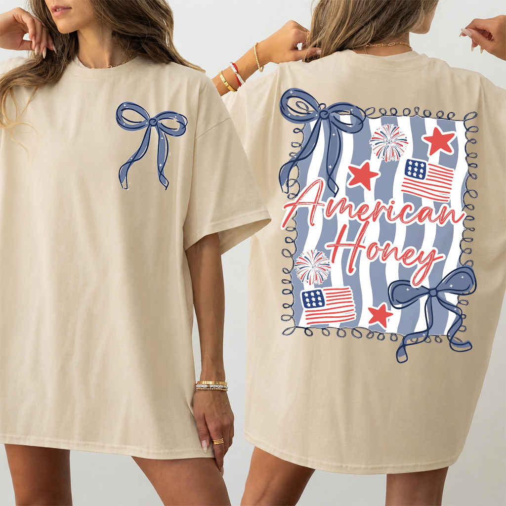 American Honey Coquette 4th Of July T-Shirt | Girly Independence Day Gift for Her - detail view