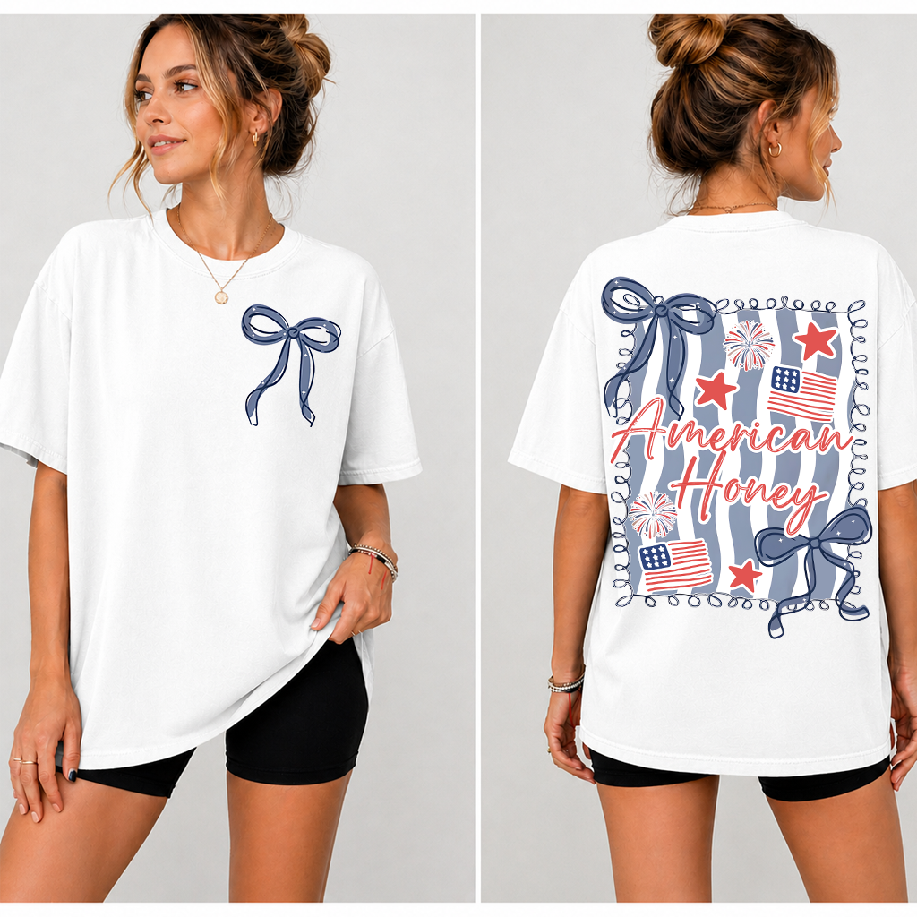 American Honey Coquette 4th Of July T-Shirt | Girly Independence Day Gift for Her - back view