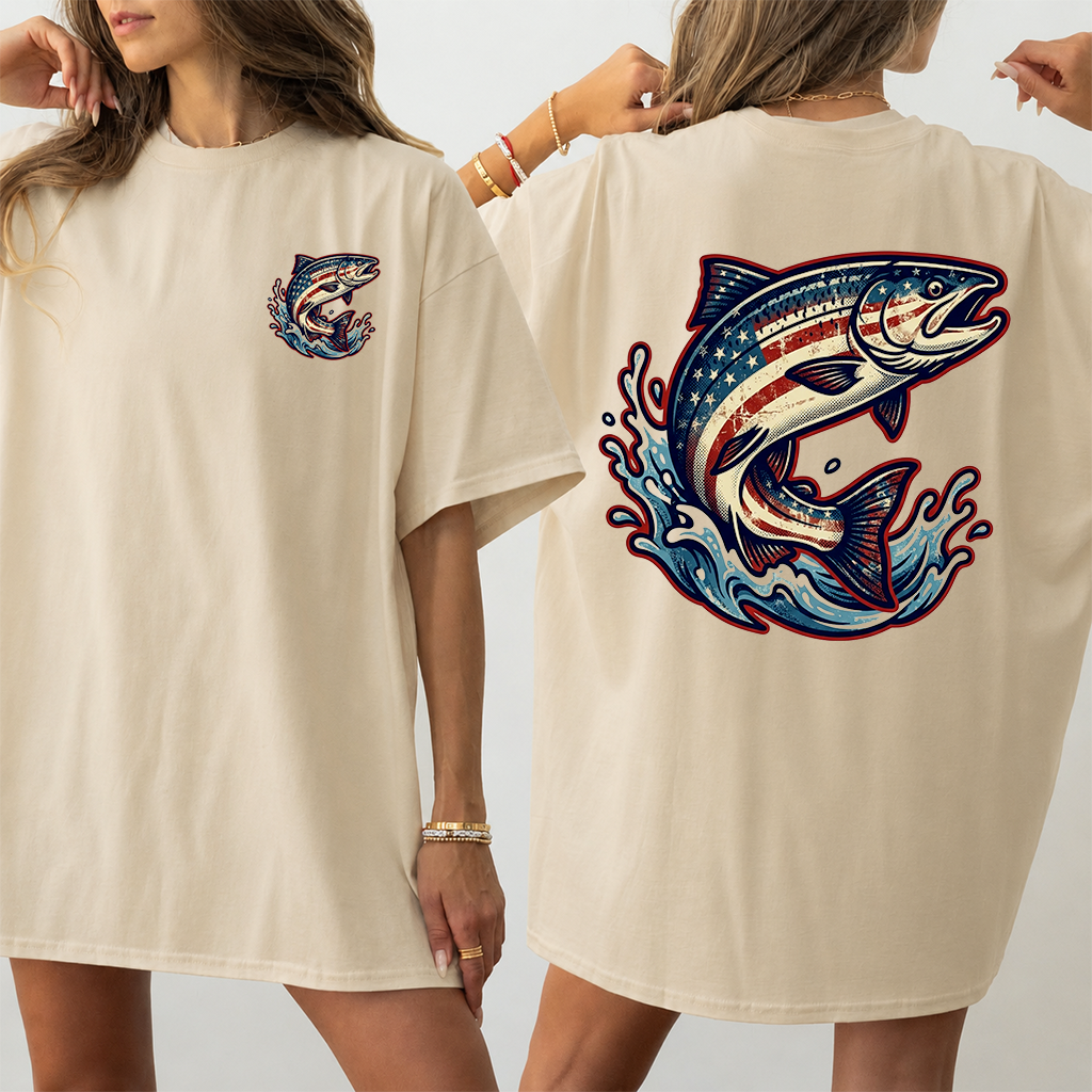 Vintage 90s America Flag Bass Fishing T-Shirt - Patriotic Fishing Gift for Him & Her - detail view