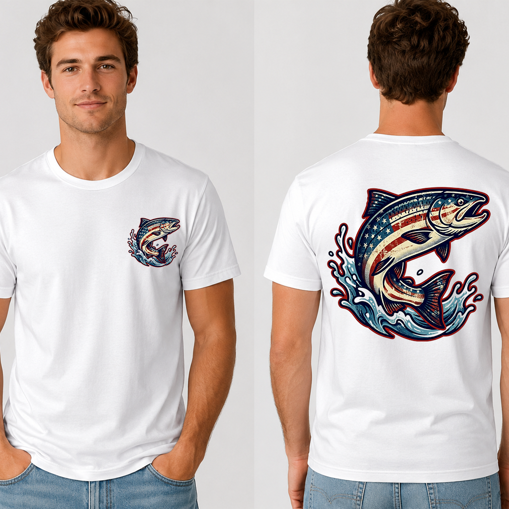 Vintage 90s America Flag Bass Fishing T-Shirt - Patriotic Fishing Gift for Him & Her - back view