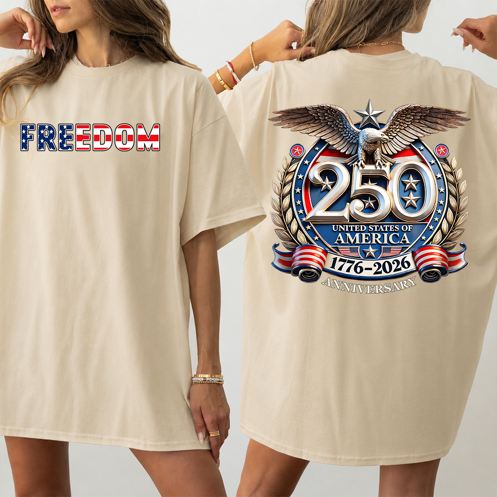 Freedom USA 250th Anniversary T-Shirt | 1776–2026 America Eagle Apparel | Patriotic Gift for Him & Her - detail view