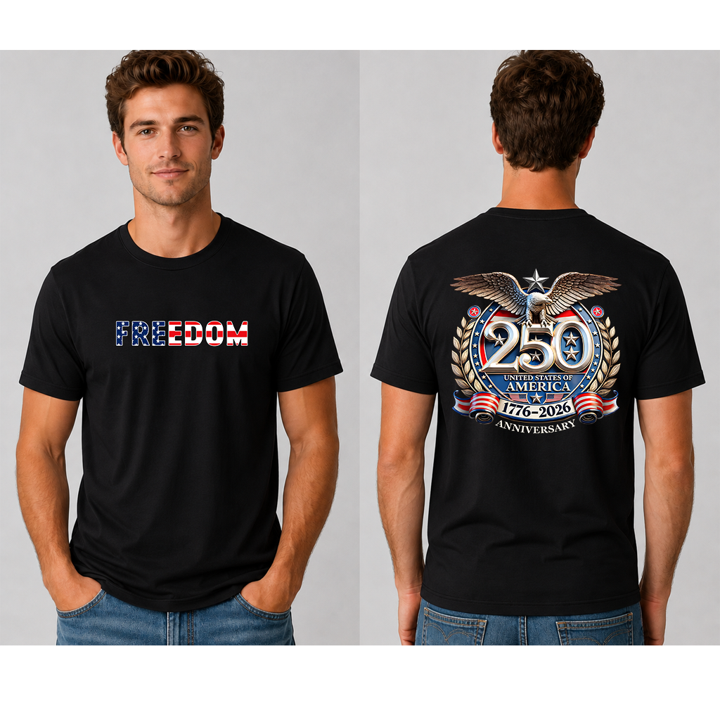 Freedom USA 250th Anniversary T-Shirt | 1776–2026 America Eagle Apparel | Patriotic Gift for Him & Her - back view