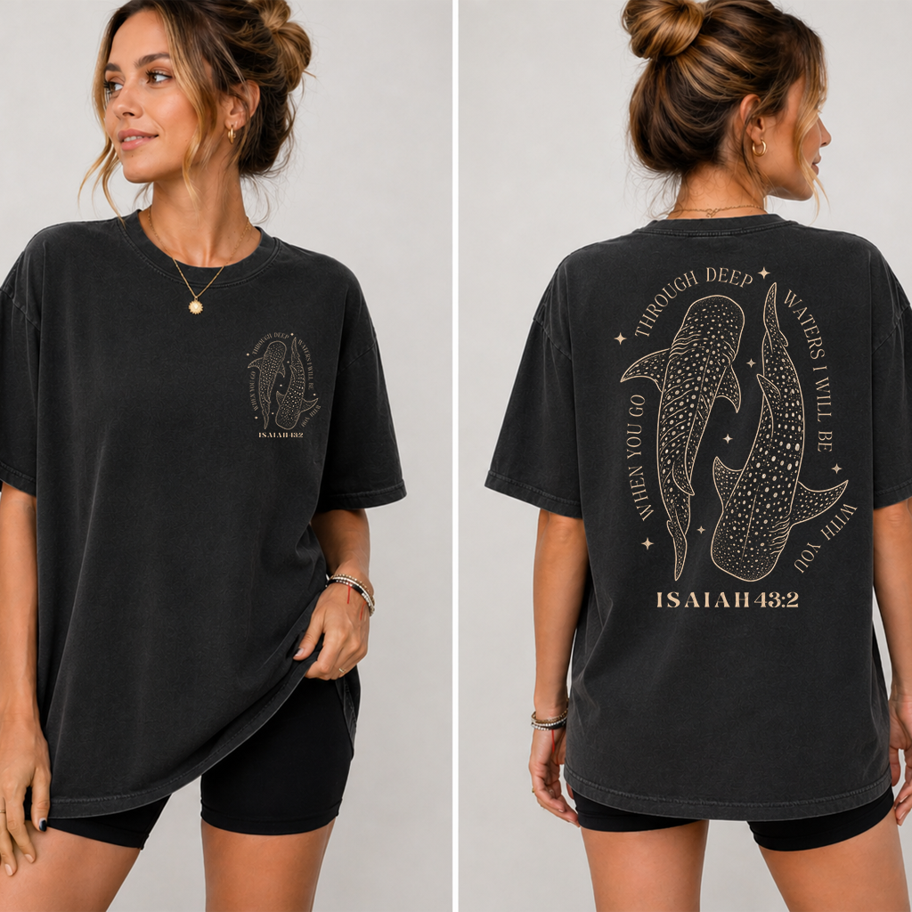 When You Go Through Deep Water Jesus Whale Shark T-shirt| Marine Wildlife Gift for Christians - back view