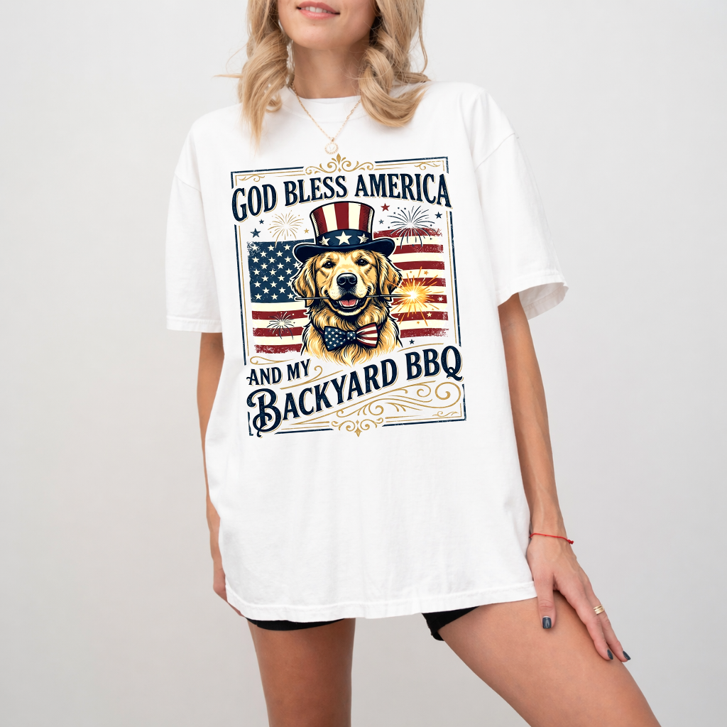 Comfort Colors Patriotic Golden Retriever 4th of July Shirt - God Bless America USA Flag Shirt - Funny Independence Day Gift for Dog Lovers - back view