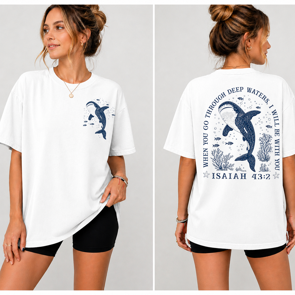 When You Go Through Deep Waters Isaiah 43:2 Beach Whale Shark T-shirt| Ideal Gift for Christians - detail view