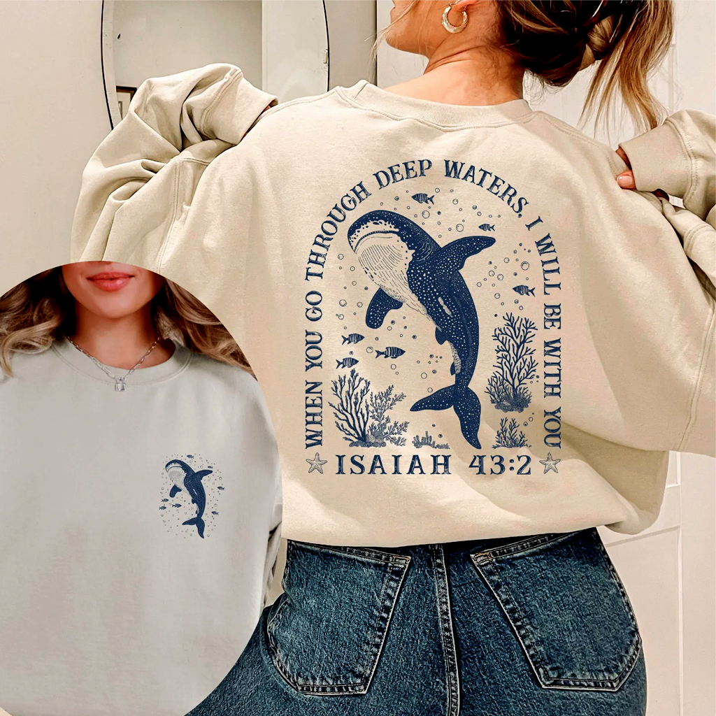 When You Go Through Deep Waters Isaiah 43:2 Beach Whale Shark T-shirt| Ideal Gift for Christians - back view