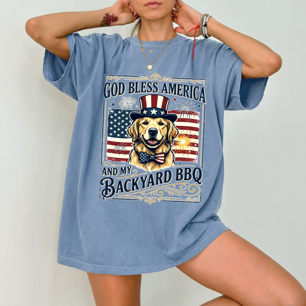 Comfort Colors Patriotic Golden Retriever 4th of July Shirt - God Bless America USA Flag Shirt - Funny Independence Day Gift for Dog Lovers - detail view