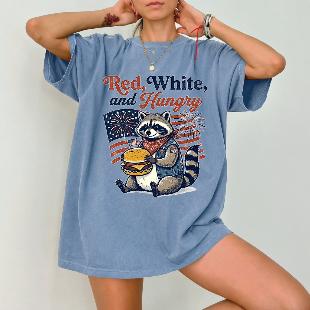 Red White & Hungry Patriotic USA Raccoon Comfort Color Shirt - Cute 4th of July American Gift for Raccoon Lovers - detail view