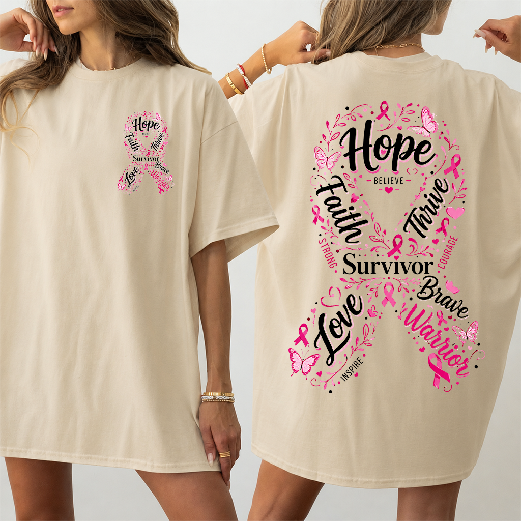 Faith Hope Love Breast Cancer Survivor Pink Ribbon T-shirt| Ideal Gift for Breast Cancer Fighter - detail view