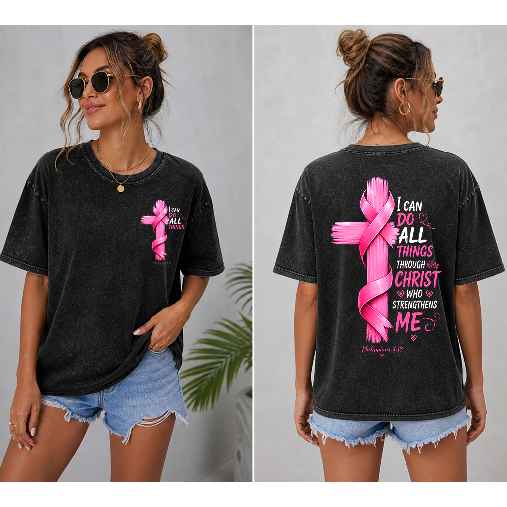 I Can Do All Things Through Christ Pink Ribbon T-shirt | Christian Gift for Breast Cancer Fighter - detail view
