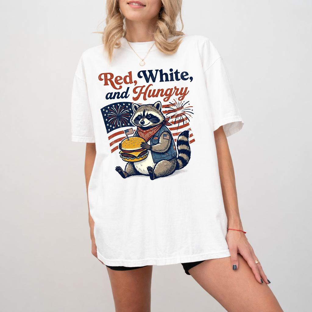 Red White & Hungry Patriotic USA Raccoon Comfort Color Shirt - Cute 4th of July American Gift for Raccoon Lovers - back view