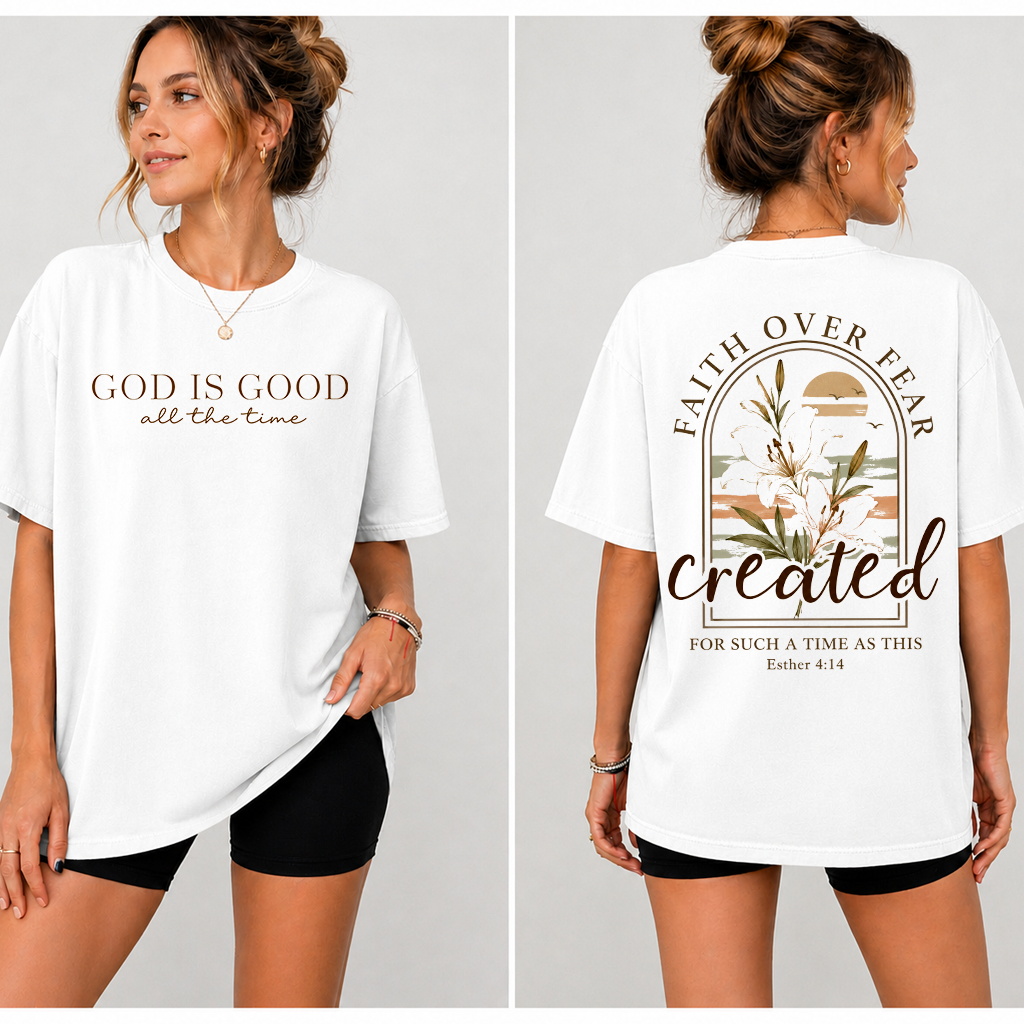 Floral Christian Shirts for Women GOD Is Good Graphic T-Shirt - Faith Over Fear Gift for Her - detail view
