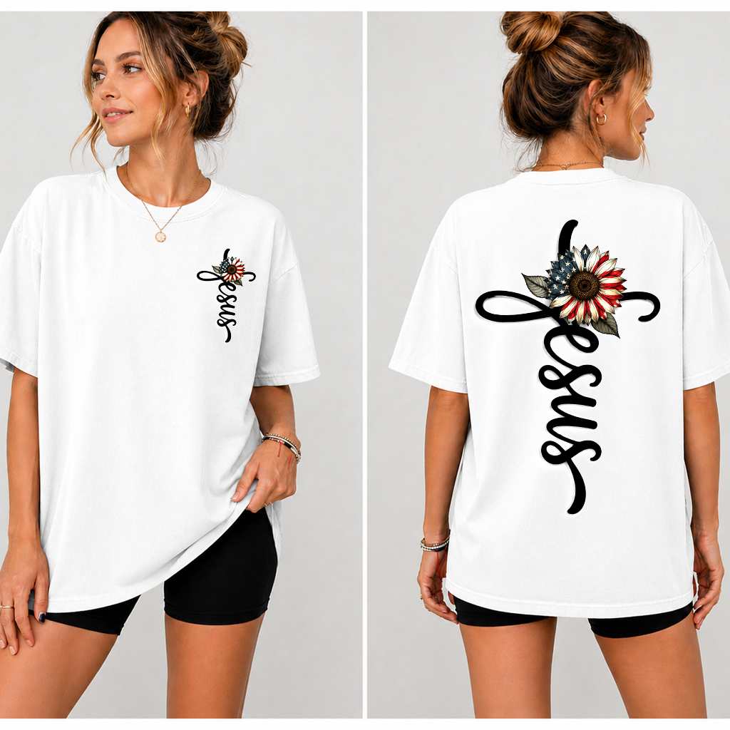 USA Flag Sunflower Jesus T-Shirt - Christian Faith Gift for 4th of July - detail view