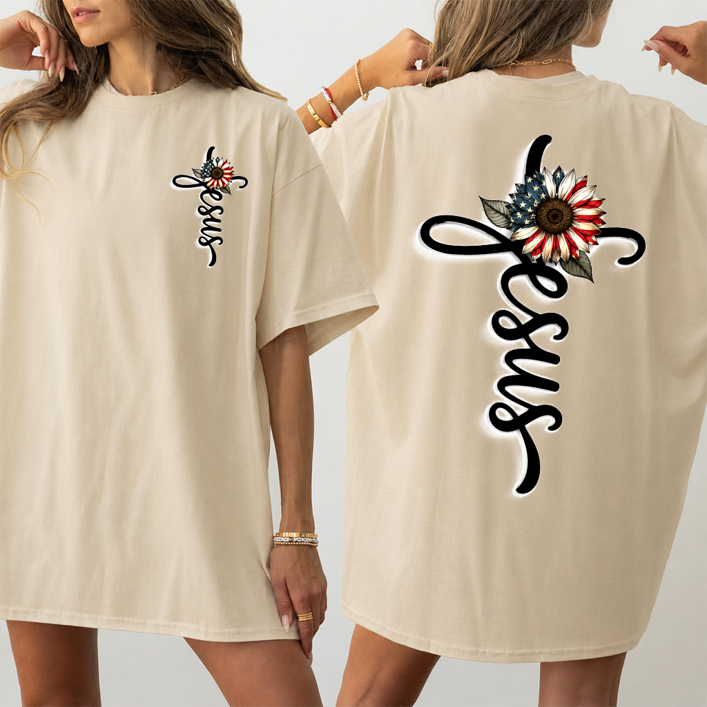 USA Flag Sunflower Jesus T-Shirt - Christian Faith Gift for 4th of July - back view