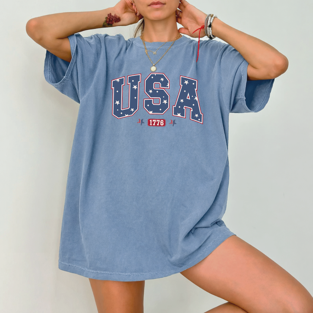 Comfort Colors USA 1776 Fourth of July Shirt - USA Flag Patriotic Gift for men and women - detail view