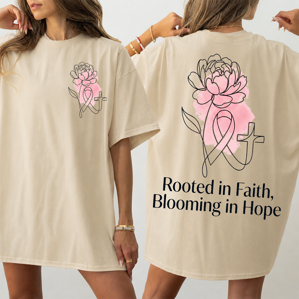 Rooted In Faith Blooming In Hope Pink Ribbon T-shirt| Breast Cancer Warrior Gift for Her - detail view