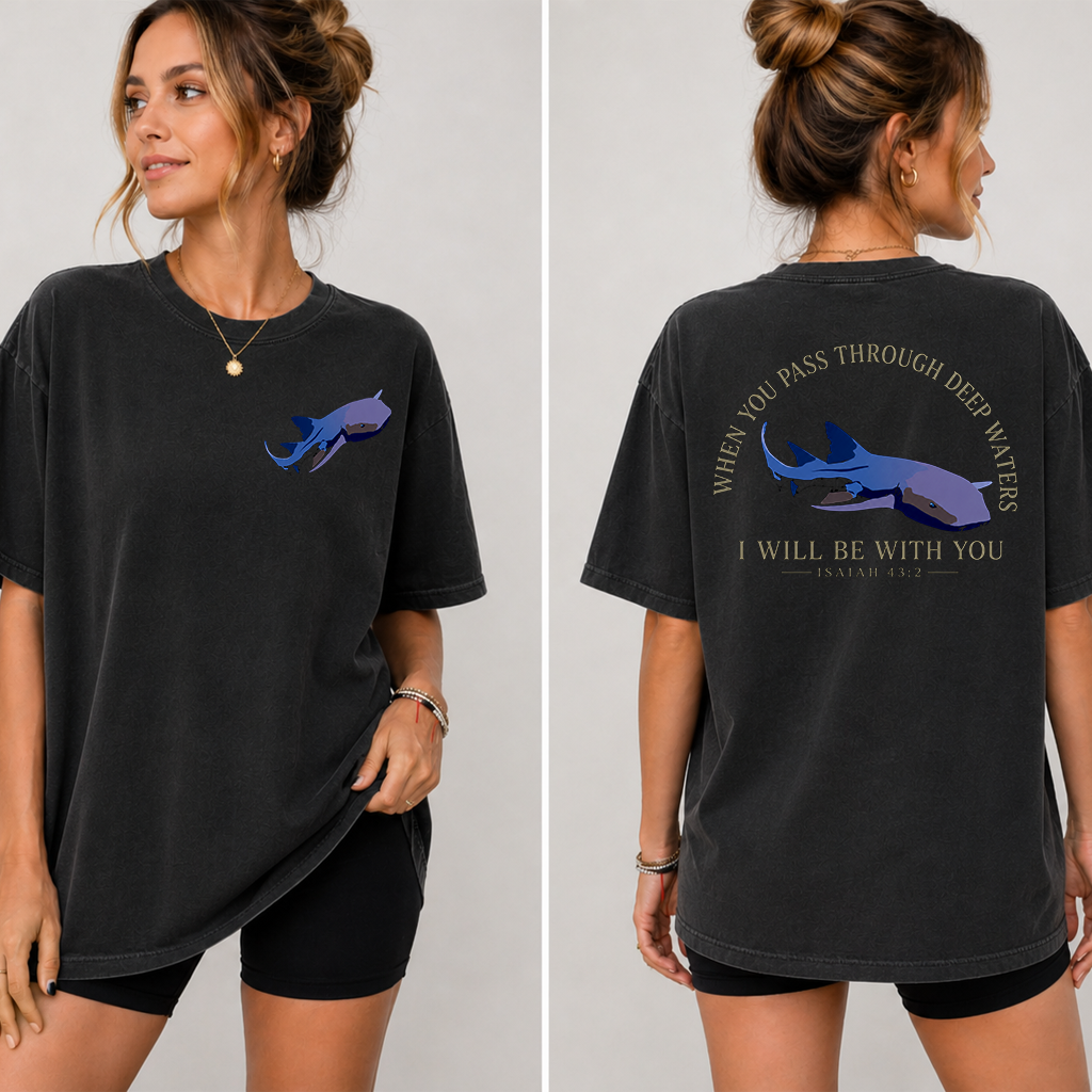 When You Pass Through Deep Water Christian Whale Shark T-shirt| Marine Life Gift for Christians - detail view