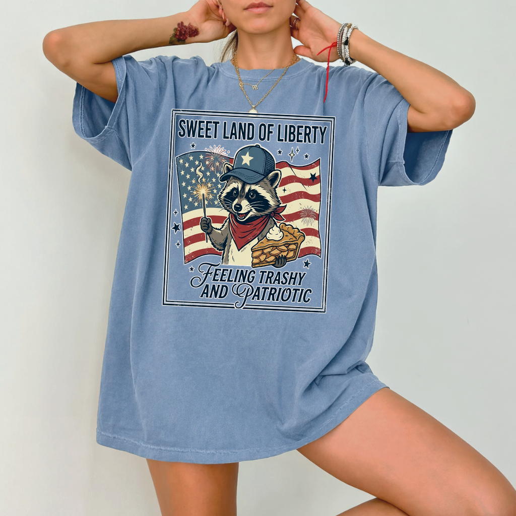 Sweet Land of Liberty Patriotic USA Raccoon T-shirt - Cute 4th of July America Raccoon Gift for men and women - detail view
