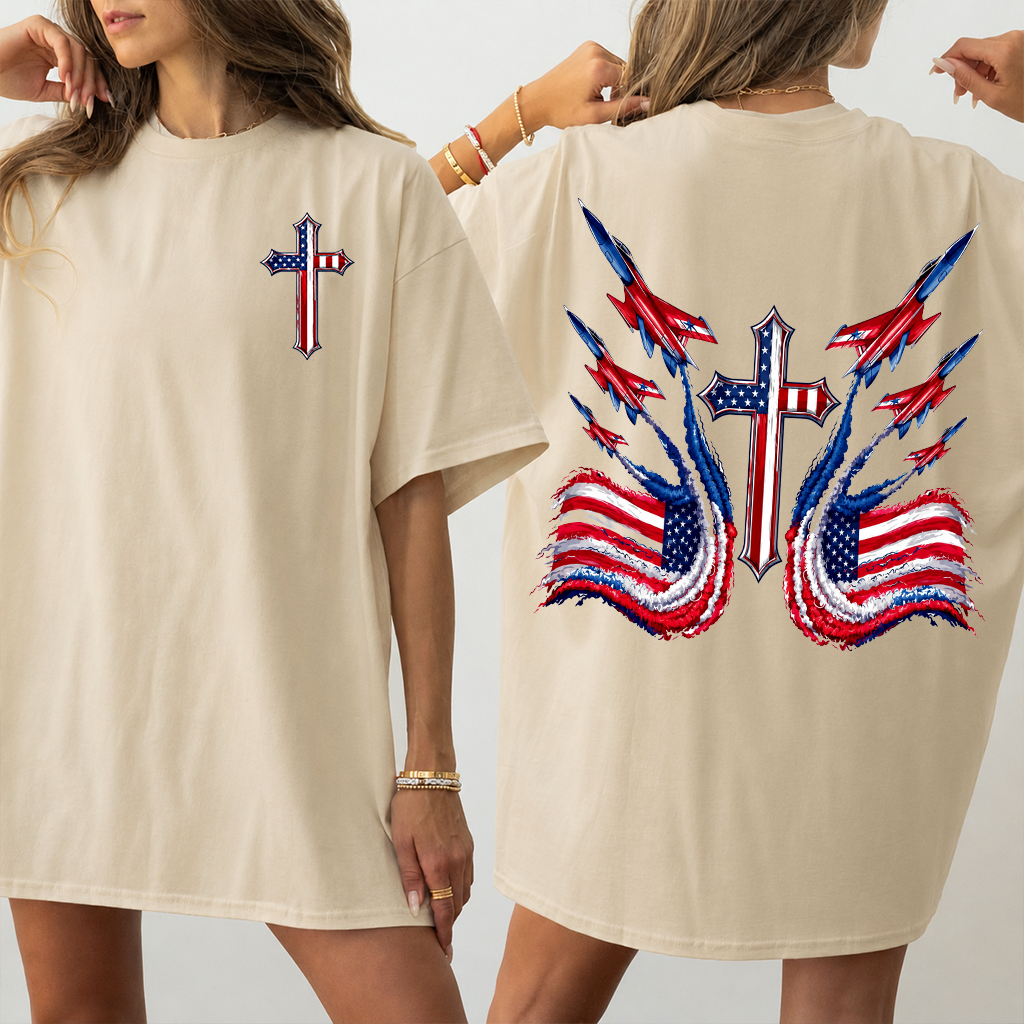 USA Fighter Jets 4th of July Patriotic Christian T-Shirt - Independence Day Gift for Him & Her - detail view