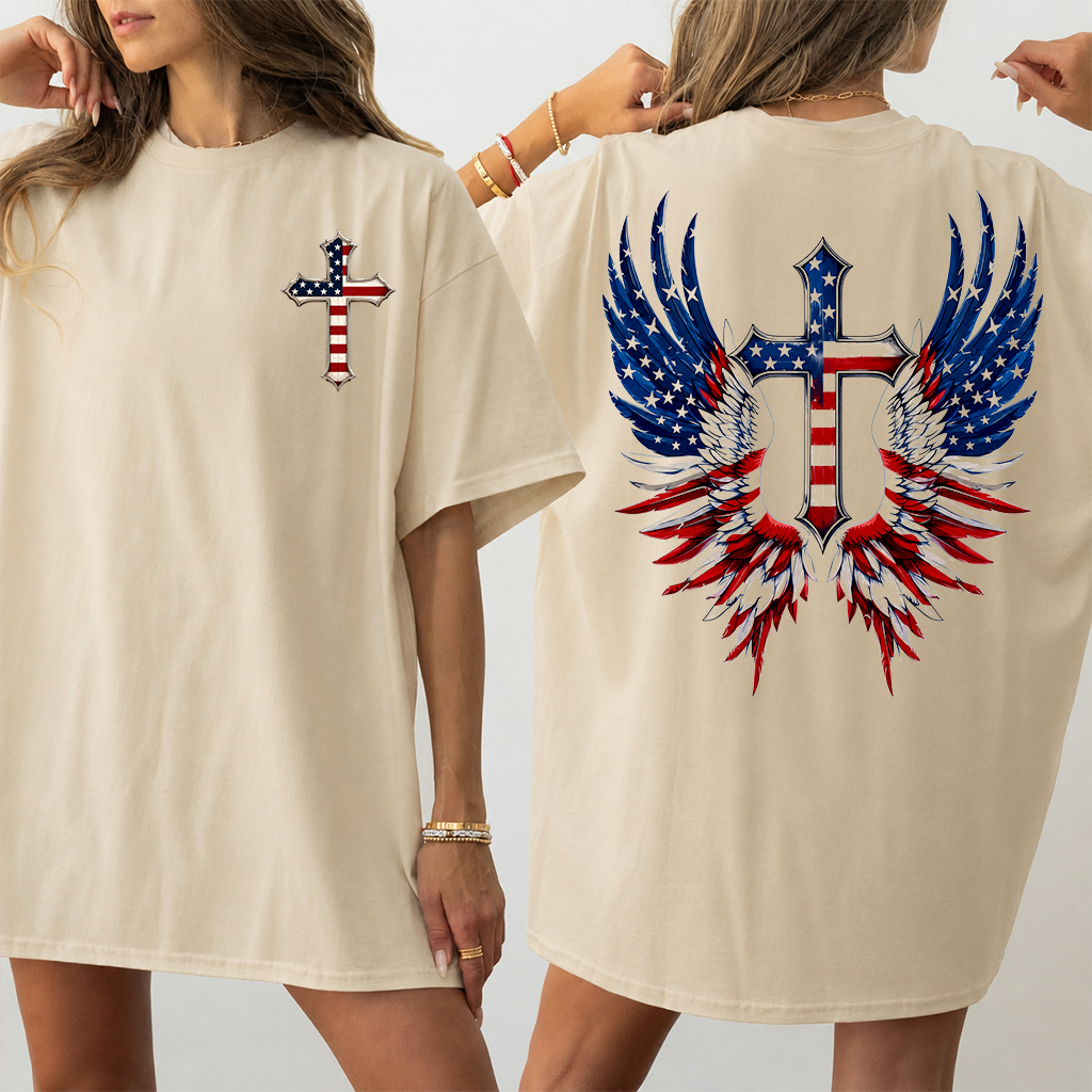 One Nation Under God American Flag Christian Cross T-Shirt - Eagle Wing Patriotic Christian Gift for 4th of July - back view