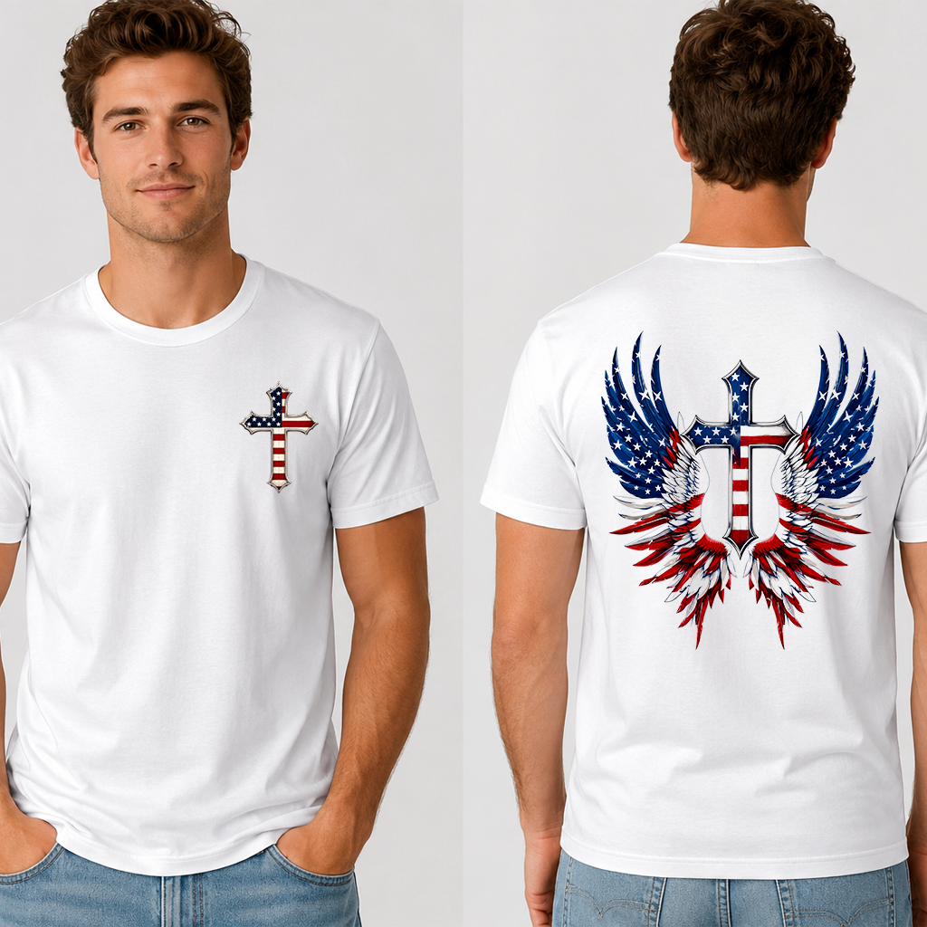 One Nation Under God American Flag Christian Cross T-Shirt - Eagle Wing Patriotic Christian Gift for 4th of July - detail view