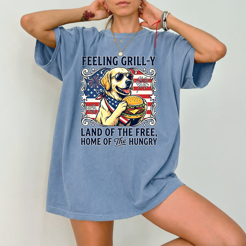 Comfort Colors Land of The Free Patriotic USA Golden Retriever Dog Shirt - Cute Golden 4th of July America Flag Gift for Dog Lovers - detail view