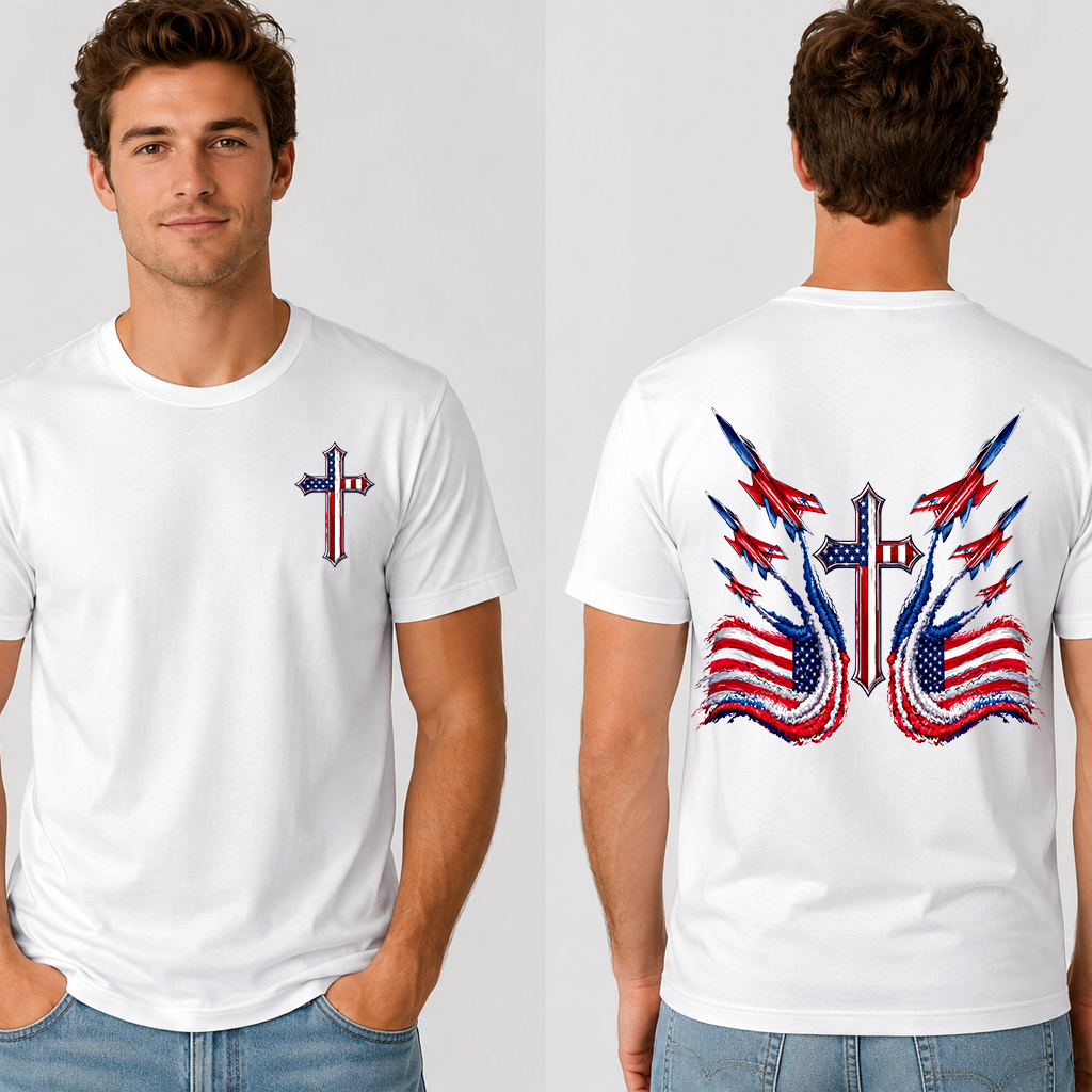 USA Fighter Jets 4th of July Patriotic Christian T-Shirt - Independence Day Gift for Him & Her - back view