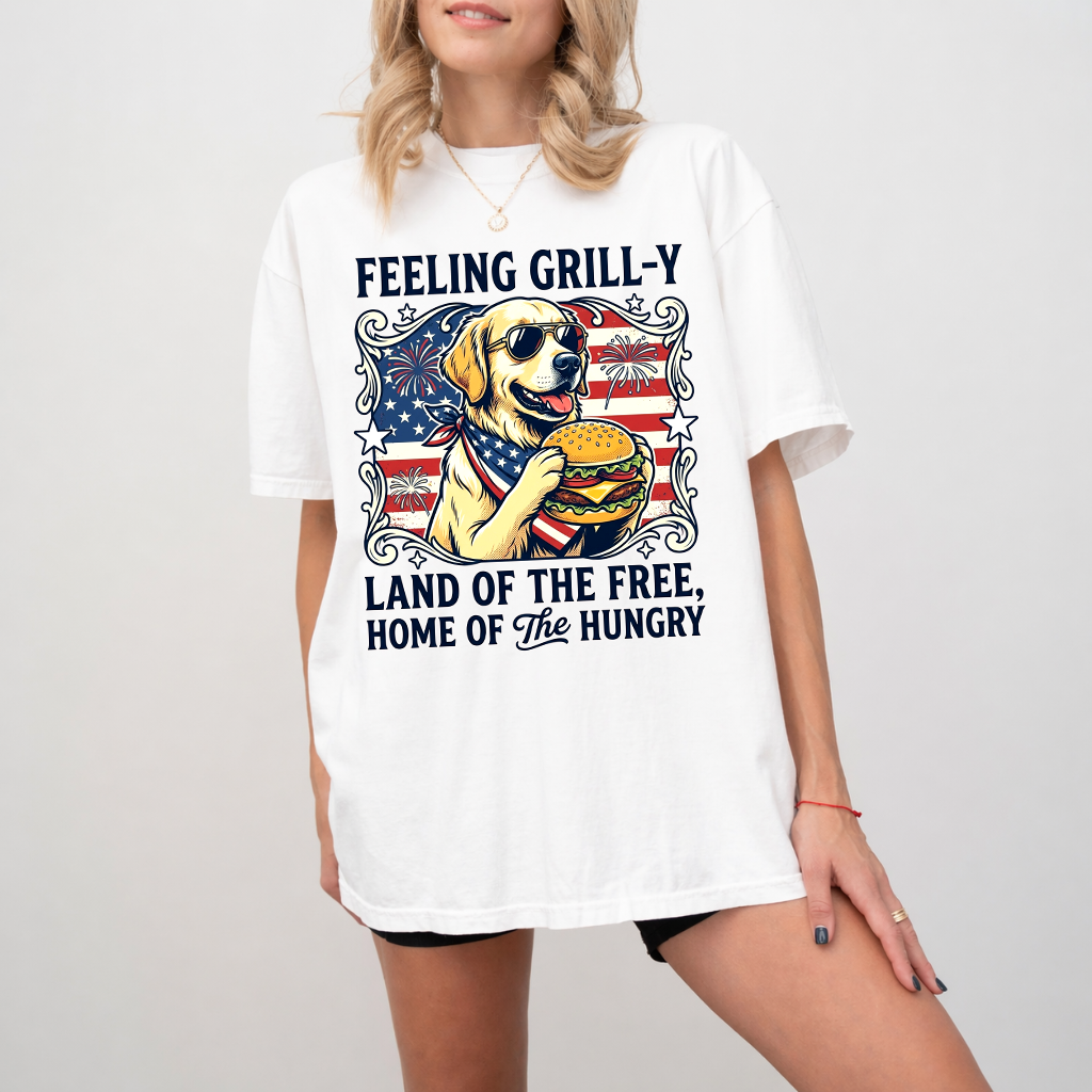 Comfort Colors Land of The Free Patriotic USA Golden Retriever Dog Shirt - Cute Golden 4th of July America Flag Gift for Dog Lovers - back view