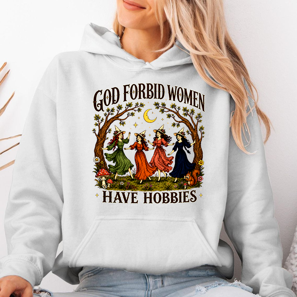 God Forbid Women Have Hobbies Salem 1692 Witch Hoodie| Feminist Spooky Season Gift for Her - detail view