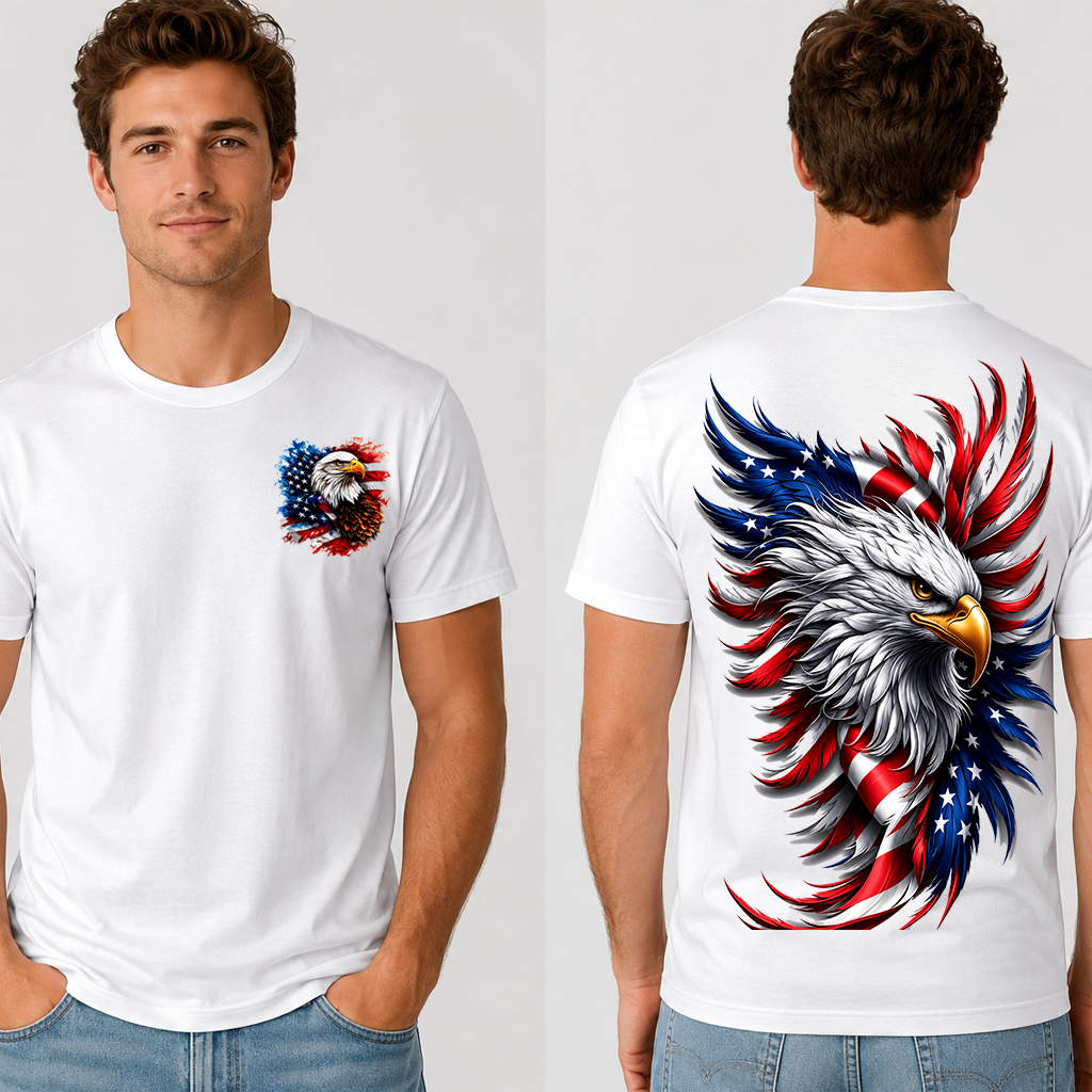 Patriotic Bald Eagle American Flag T-Shirt - Freedom USA Independence Day Gift for Him & Her - detail view