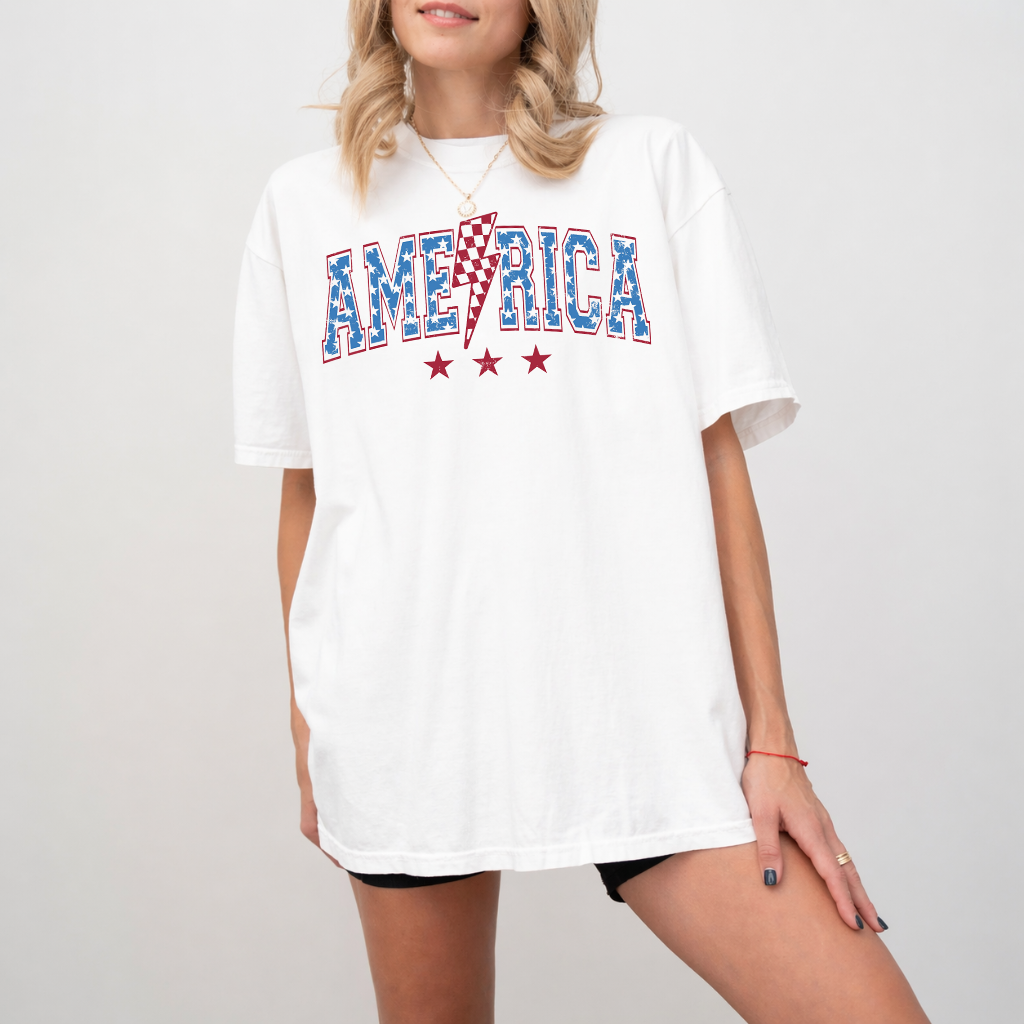 Comfort Colors Retro America USA Flag Lightning Shirt - Perfect Independence Day Gift for men and women - back view