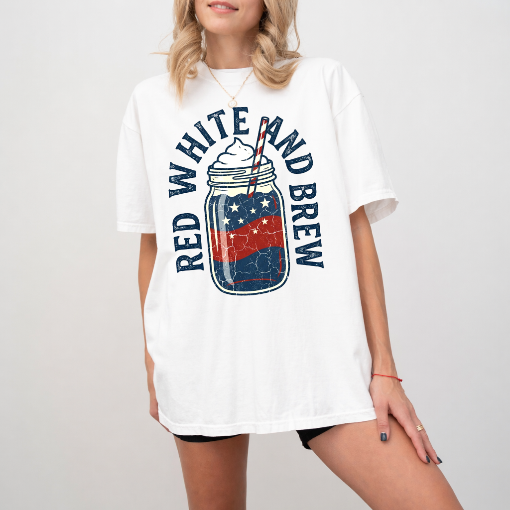 Comfort Color Red White and Brew Patriotic American Coffee Shirt - Funny 4th of July Gift for men women - back view