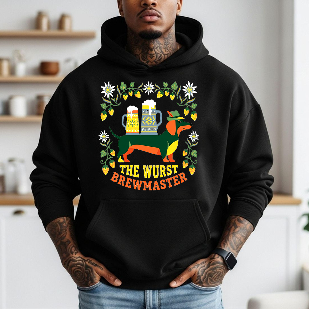 The Wurst Brewmaster Dachshund Oktoberfest Hoodie | Funny German Oktoberfest Gift for Beer Lovers - detail view