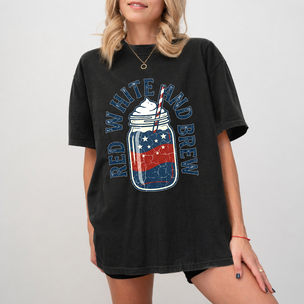 Comfort Color Red White and Brew Patriotic American Coffee Shirt - Funny 4th of July Gift for men women - detail view