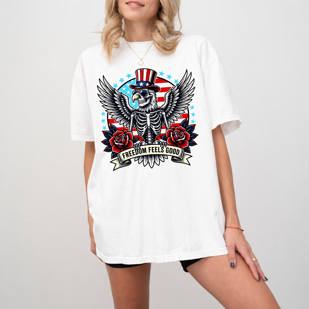 Comfort Colors Freedom Feels Good Patriotic American Eagle Shirt - Cool Men's 4th of July Gift for men women - detail view