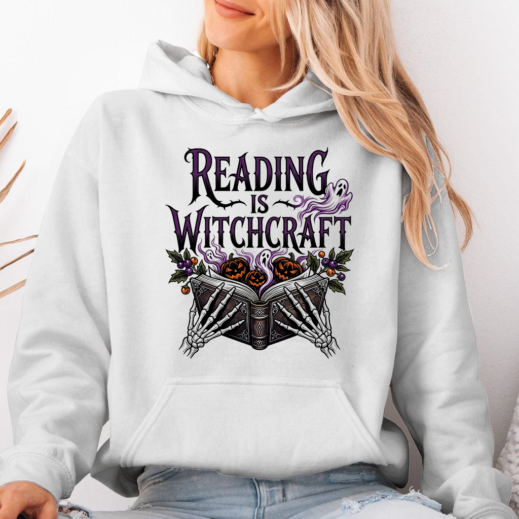 Reading Is Witchcraft Gothic Halloween Hoodie| Spooky Bookish Halloween Gift for Him & Her - detail view