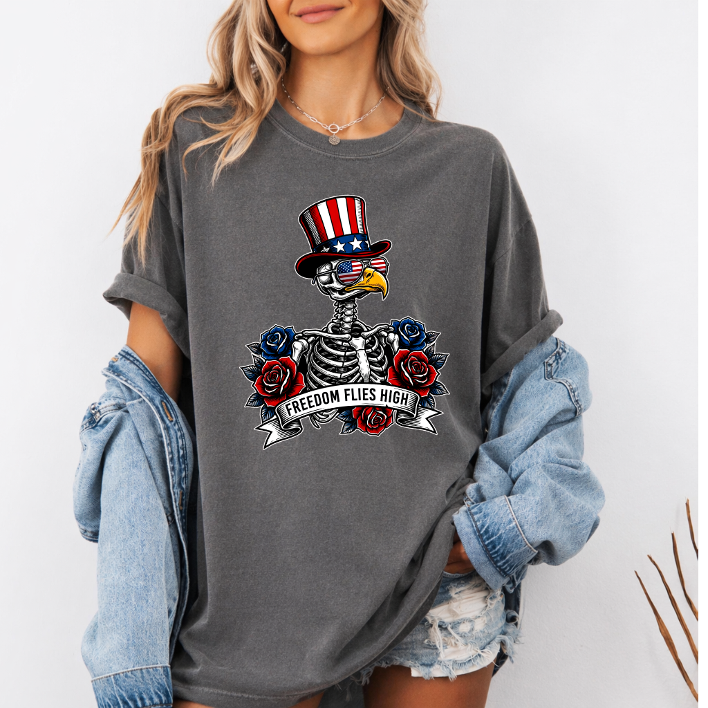 Comfort Colors 4th of July Patriotic Eagle Skeleton Shirt - Funny Freedom USA Eagle Shirt - Funny Independence Day Gift for men & women - detail view