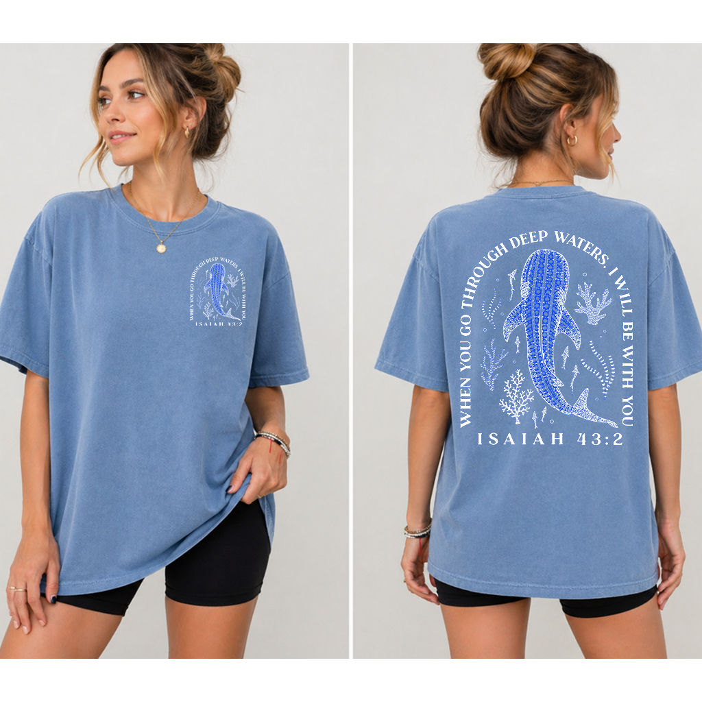 When You Through Deep Waters Retro Whale Shark T-shirt| Isaiah 43:2 Bible Verse Gift for Christians - detail view