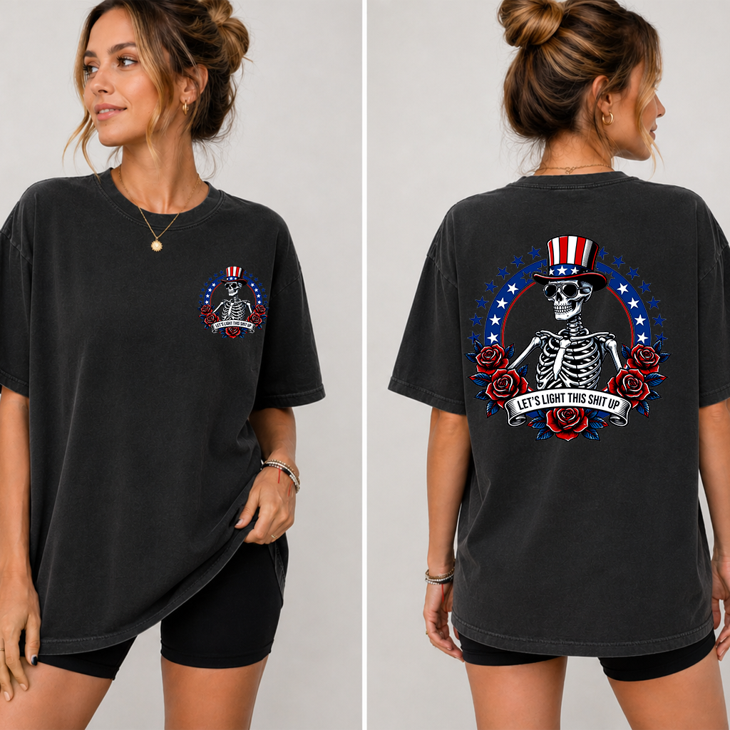 Comfort Colors 4th of July Skeleton American Flag Shirt - Funny American Independence Day Gift for men & women - detail view