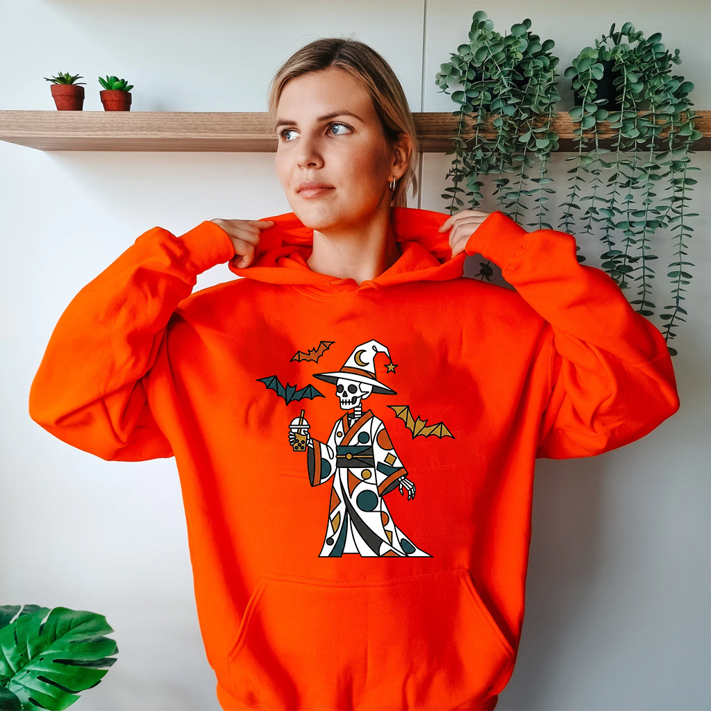 Skeleton Drinking Boba Tea Cute Halloween Skeleton Witch Hoodie| Kawaii Spooky Season Gift for men women - back view