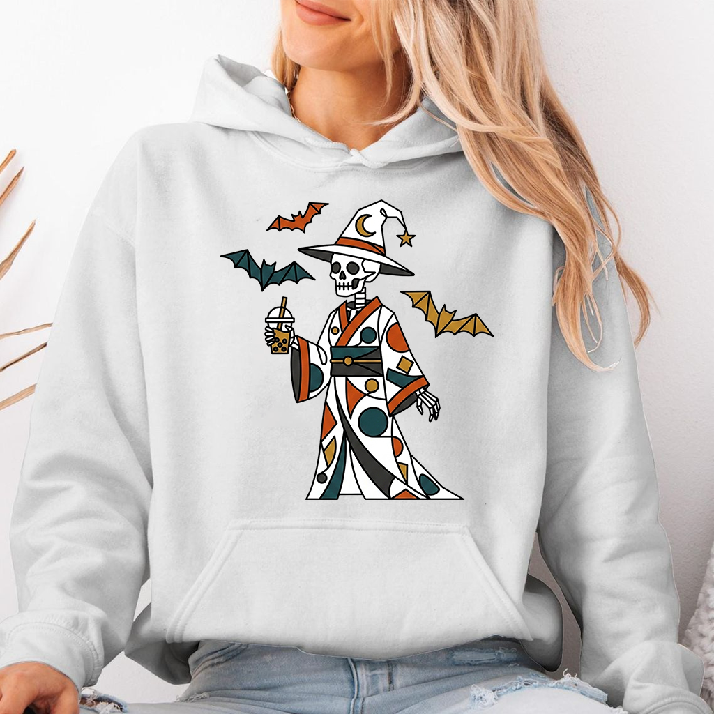 Skeleton Drinking Boba Tea Cute Halloween Skeleton Witch Hoodie| Kawaii Spooky Season Gift for men women - detail view