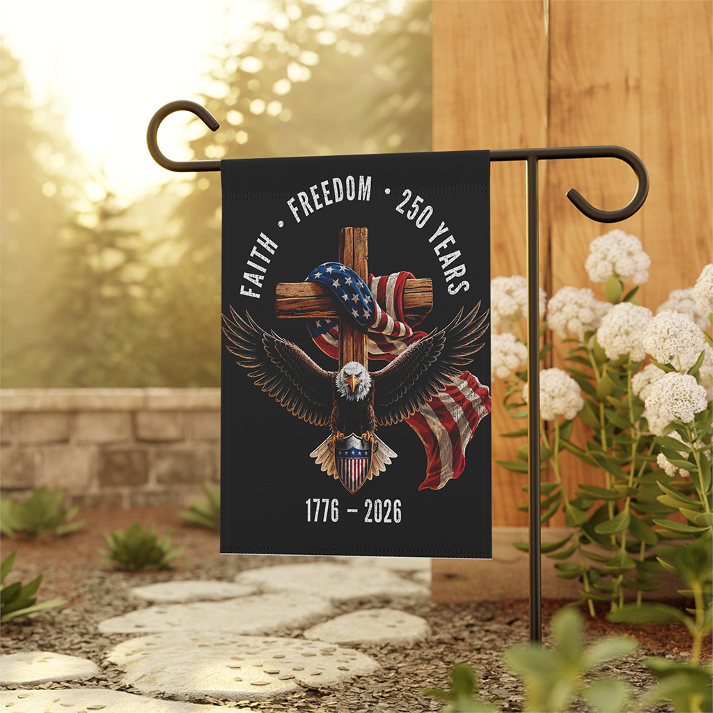 Faith Freedom 250 Years 1776-2026 Christian Cross Garden Flag- 4th of July Gift for Religious Believer - back view