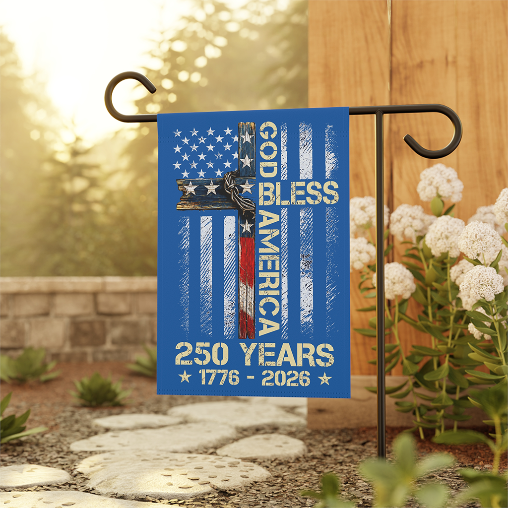 God Bless America Christian Cross Flag House Banner - 250 Years Independence Gift for Him & Her - back view