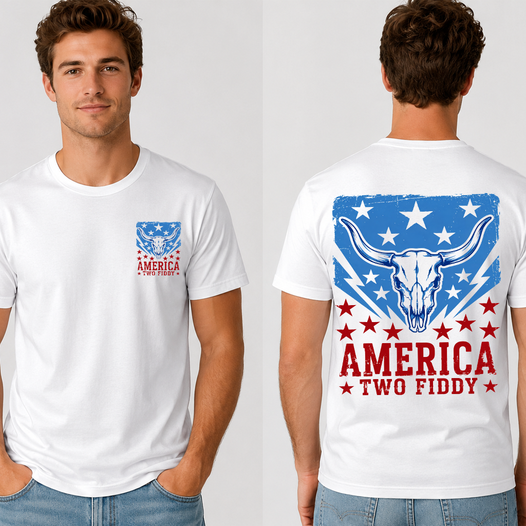 Vintage Western Highland Cow Skull America Two Fiddy T-Shirt for men women - detail view