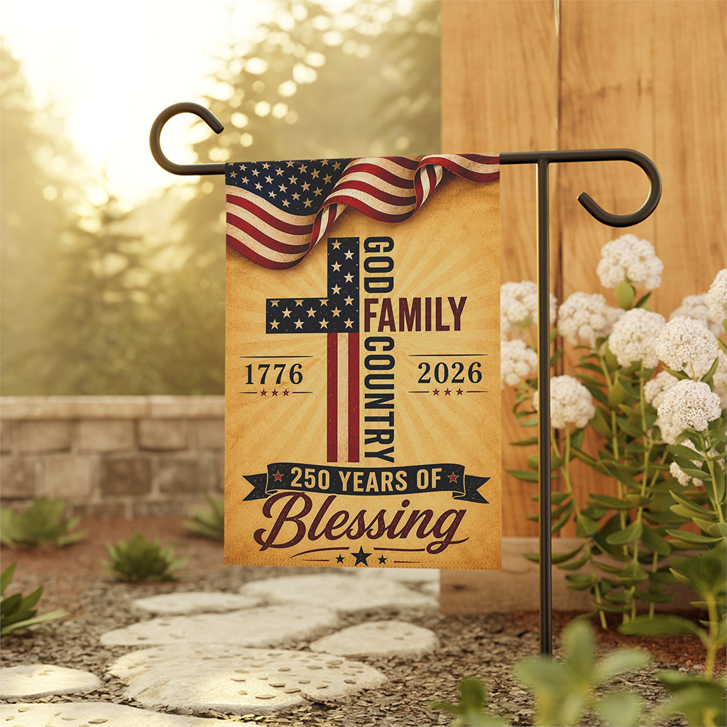 American Faith Patriotic 250th Anniversary Flag - God Family Country Cross Banner Gift for Independence Day - back view
