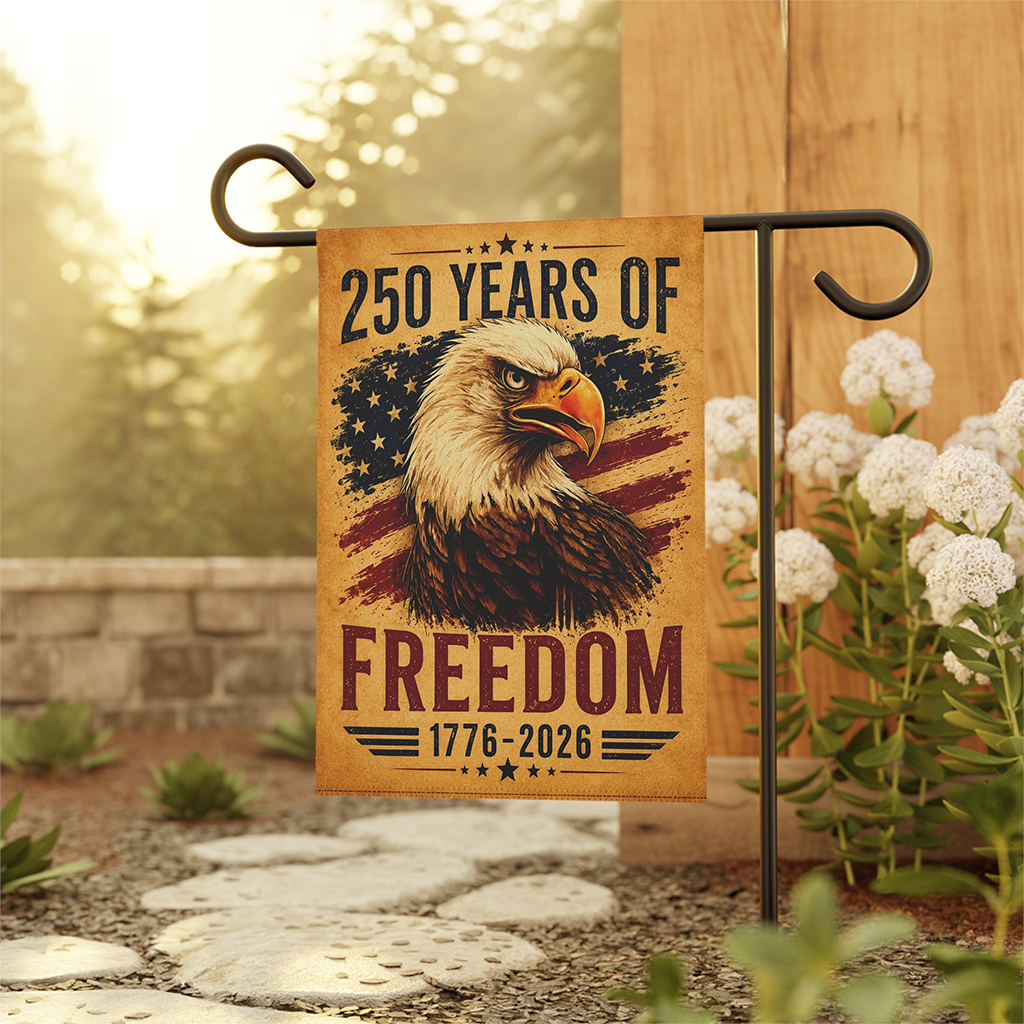250 Years of Freedom Garden Flag - Patriotic Eagle Yard Banner - Gift for Independence Day - back view