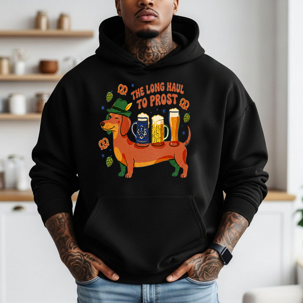 The Long Haul to Prost Dachshund Oktoberfest Hoodie| Funny German Festival Gift for Beer Lovers - detail view